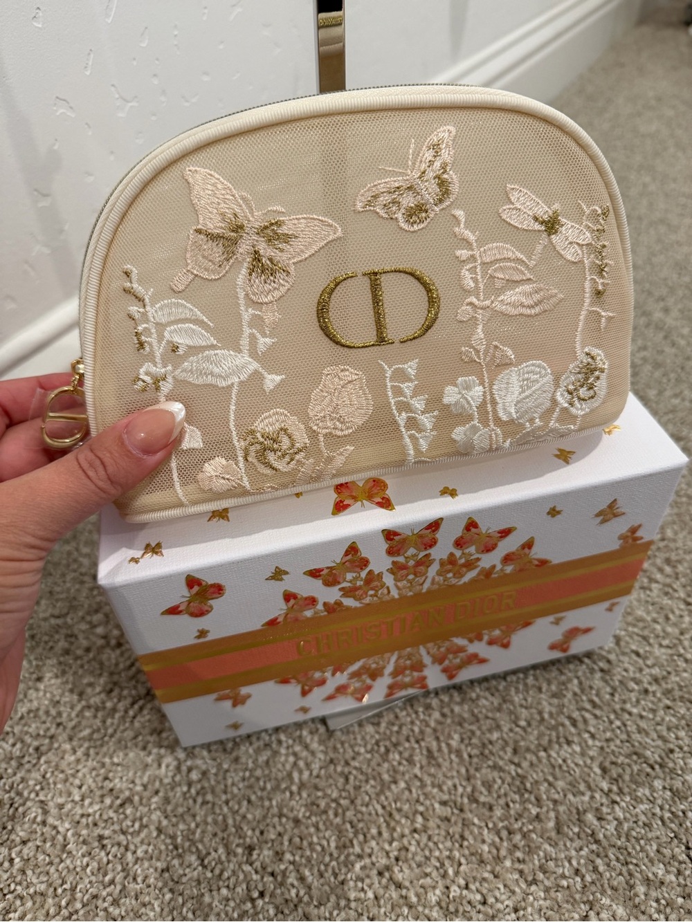 Dior Cream Embroidered Butterfly Card & Key Pouch